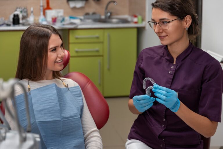 Close up on dentist having aligners in hand