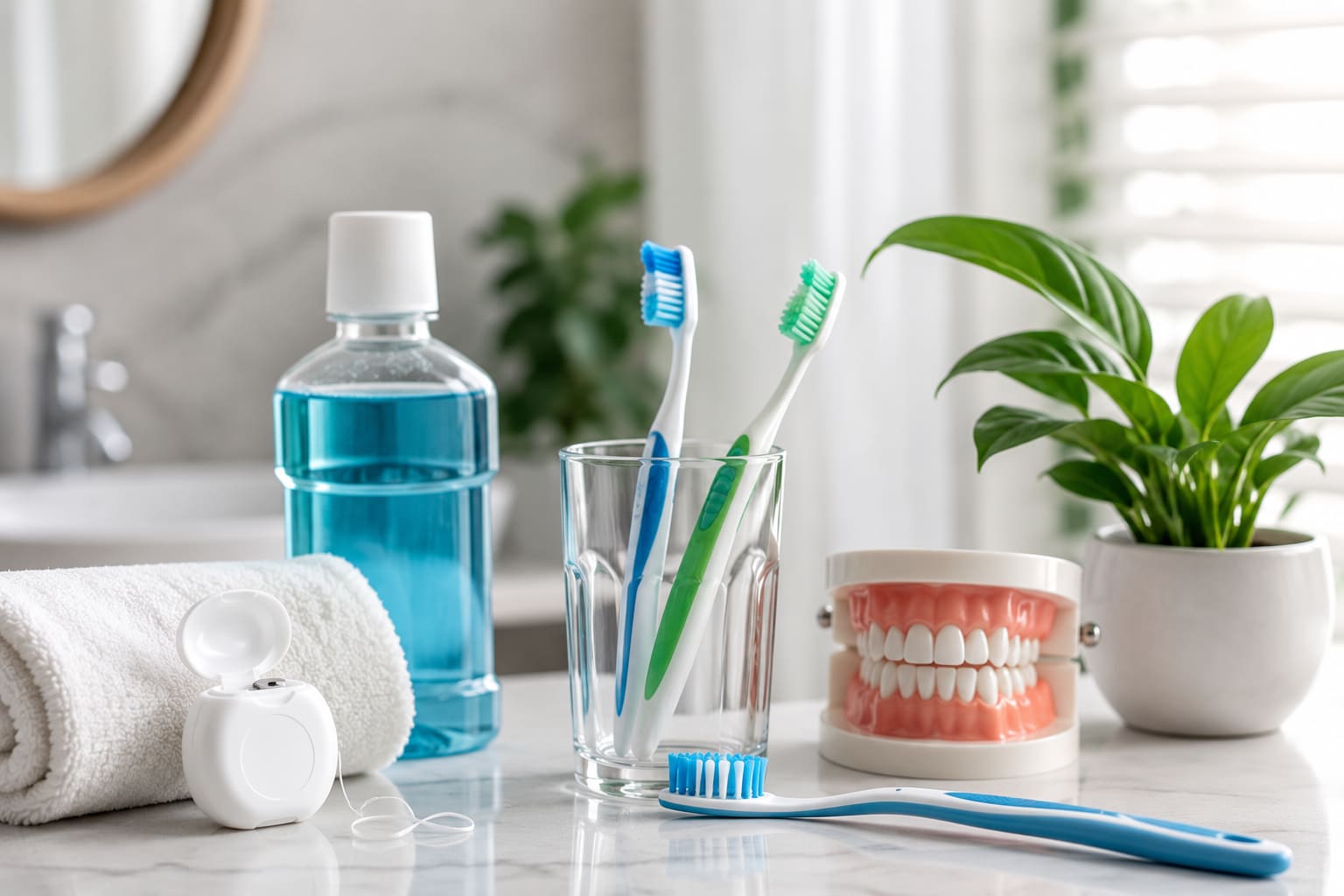 Modern dental care concept featuring a glossy white tooth protected by a transparent shield, surrounded by oral hygiene icons including a toothbrush, floss, fluoride toothpaste, healthy diet, hydration, and regular dental checkups. Dental care essentials are neatly arranged in the foreground with a clean, bright healthcare setting and a softly blurred cityscape in the background, representing preventive oral health and healthy smile habits.